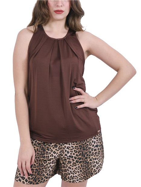 TOP SMANICATO GIROCOLLO DONNA MARRONE