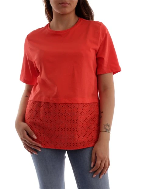 T-SHIRT CON PIZZO SANGALLO DONNA ROSSO CORALLO