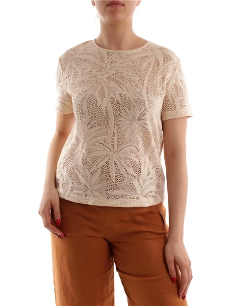 T-SHIRT CON PALME IN PIZZO DONNA ECRU