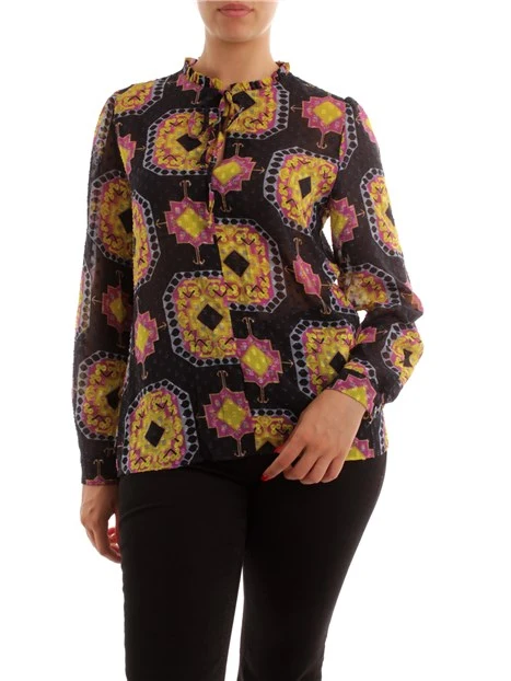 BLUSA FANTASIA GEOMETRICA SEMITRASPARENTE DONNA NERO