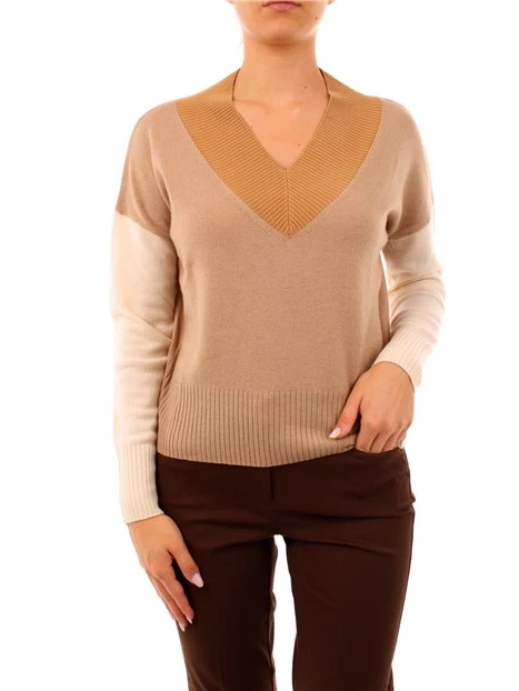MAGLIA CON SCOLLO A V IN MISTO LANA E CASHMERE DONNA BEIGE