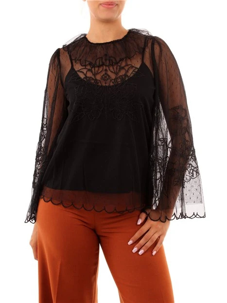 BLUSA IN TULLE RICAMATO DONNA NERO