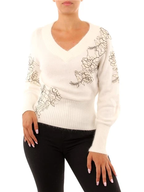 MAGLIA CON SCOLLO A V CON PIZZO DONNA BIANCO