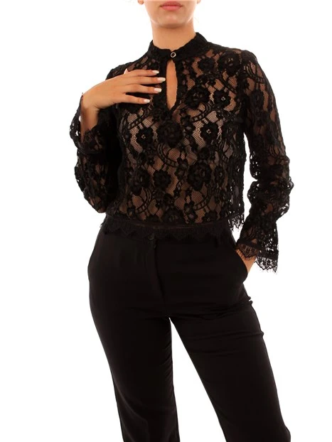 BLUSA IN PIZZO CON POLSI VOLANT DONNA NERO
