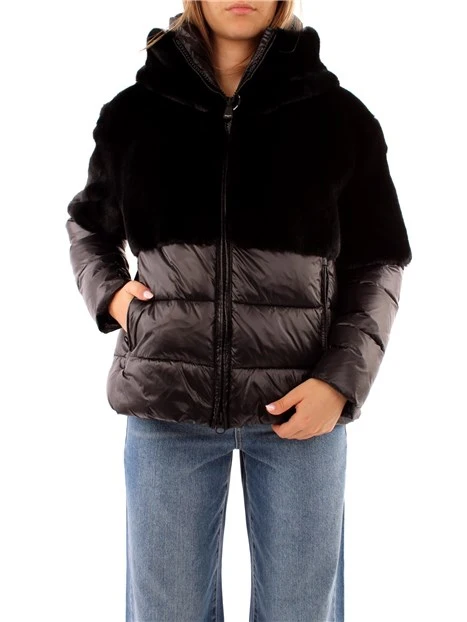 PIUMINO IN PELLICCIA CON CAPPUCCIO DONNA NERO