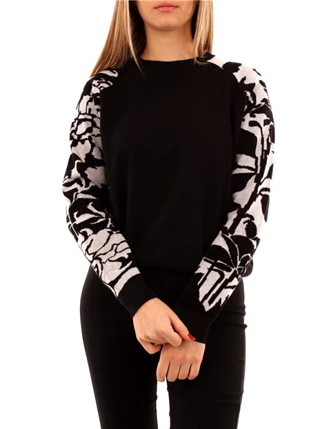 MAGLIA GIROCOLLO CON MANICHE A FIORI A CONTRASTO DONNA NERO