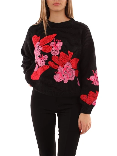 MAGLIA GIROCOLLO CON FIORI RICAMATI DONNA NERO