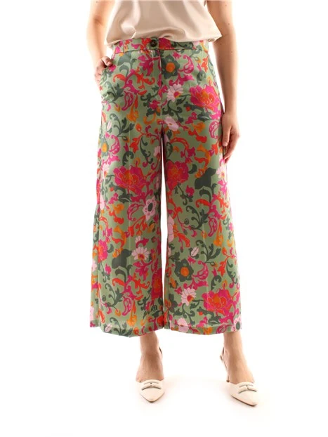 PANTALONI CROPPED FLOREALE A GAMBA LARGA DONNA VERDE