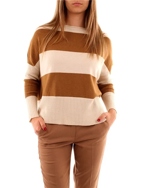 MAGLIA CON SCOLLO A BARCA A RIGHE DONNA BEIGE