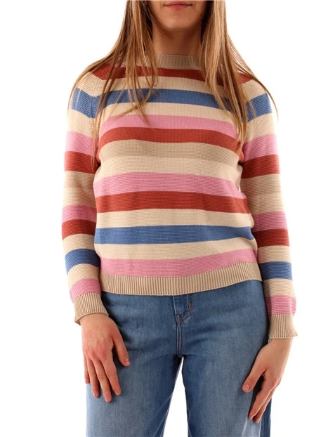 MAGLIA GIROCOLLO A RIGHE MULTICOLORE DONNA BEIGE