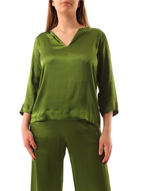 BLUSA CON SCOLLO A V IN PURA SETA DONNA VERDE