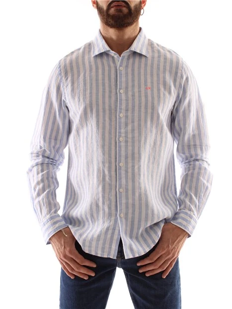 CAMICIA A RIGHE IN PURO LINO UOMO AZZURRO