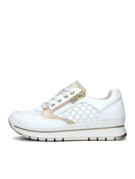 SNEAKERS PLATFORM CON DOPPIA CHIUSURA E TRAMA A FORI DONNA BIANCO ORO