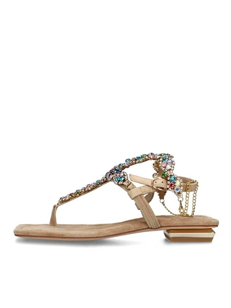 SANDALI TACCO BASSO CON STRASS MULTICOLORE E CATENINA DONNA BEIGE