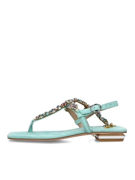 SANDALI TACCO BASSO CON STRASS MULTICOLORE E CATENINA DONNA VERDE