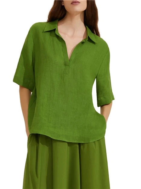 BLUSA IN PURO LINO CON SCOLLO A V DONNA VERDE