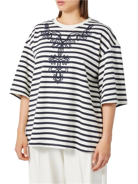 T-SHIRT MANICA CORTA A RIGHE DONNA AVORIO BLU