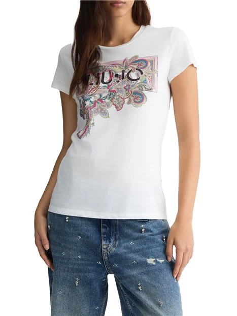 T-SHIRT CON LOGO FLOREALE E STRASS DONNA BIANCO