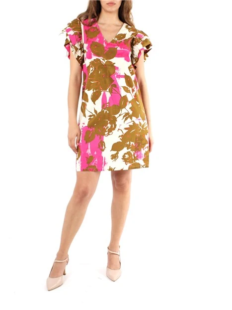 VESTITO CORTO A FANTASIA FLOREALE CON SCOLLO A V DONNA FUCSIA