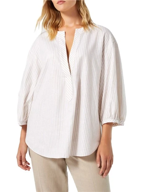 BLUSA IN COTONE E LINO A RIGHE DONNA BIANCO