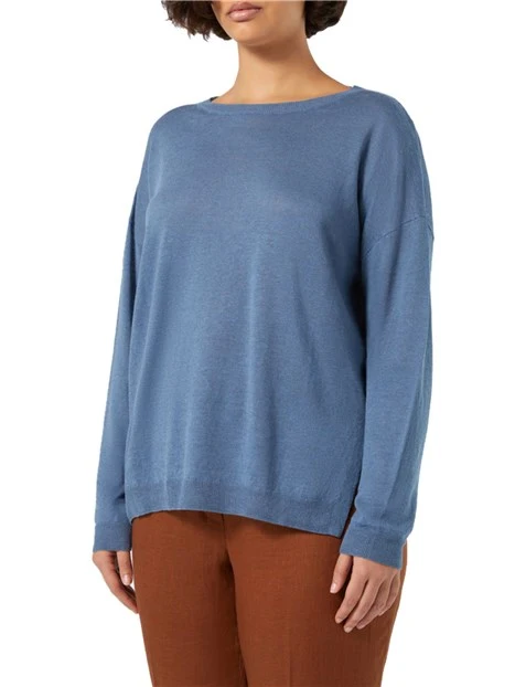 MAGLIA GIROCOLLO IN MISTO LINO E COTONE DONNA AZZURRO
