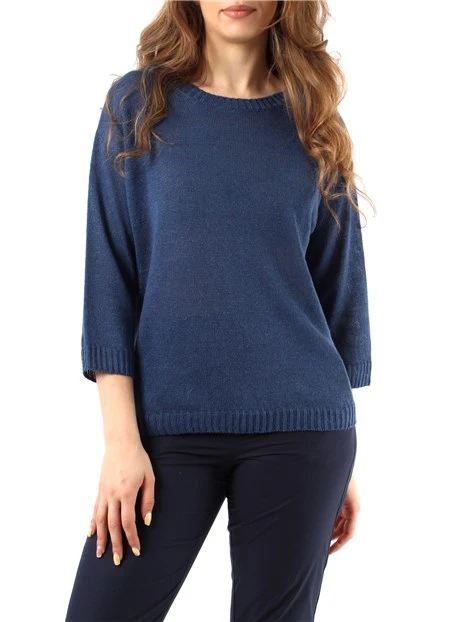 MAGLIA CON SCOLLO A BARCA IN FILATO PURO LINO DONNA BLU