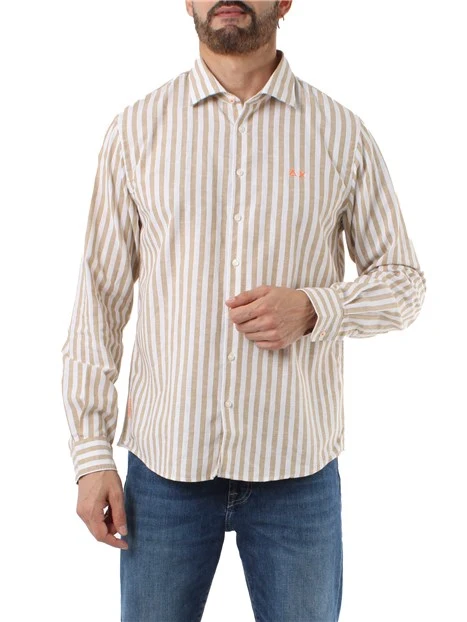 CAMICIA CASUAL A RIGHE IN MISTO LINO UOMO BIANCO BEIGE