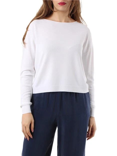MAGLIA SCOLLO A BARCA CON MOTIVO TRAFORATO DONNA BIANCO