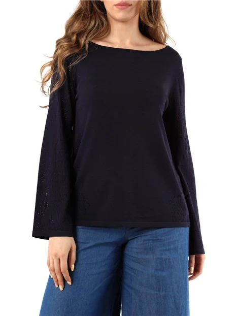 MAGLIA SCOLLO A BARCA CON MOTIVO TRAFORATO DONNA BLU NAVY