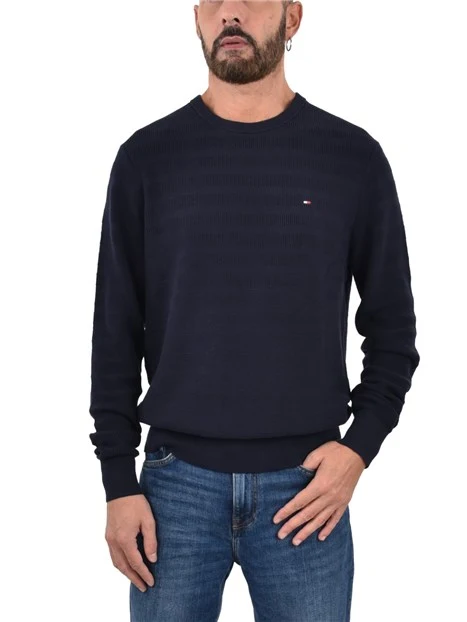 MAGLIA GIROCOLLO IN COTONE CON LAVORAZIONE A RIGHE UOMO BLU