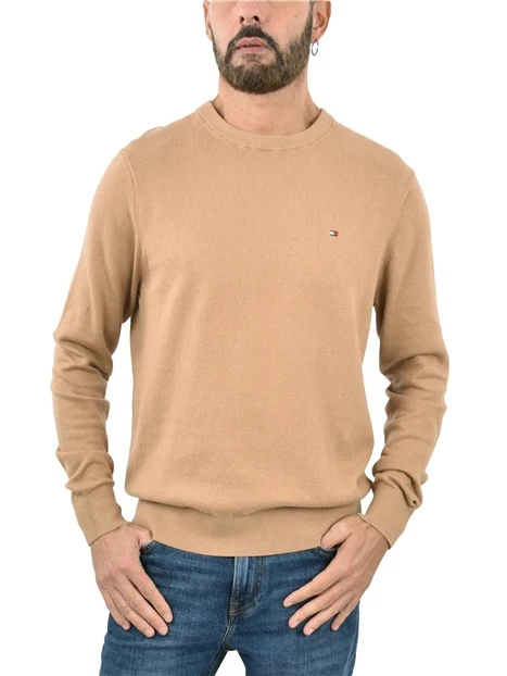 MAGLIA GIROCOLLO CON RICAMO E BORDI A COSTINE UOMO MARRONE CHIARO