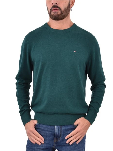 MAGLIA GIROCOLLO CON RICAMO E BORDI A COSTINE UOMO VERDE SCURO