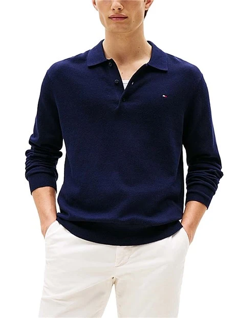 POLO A MANICA LUNGA IN COTONE E CASHMERE UOMO BLU