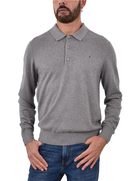POLO A MANICA LUNGA IN COTONE E CASHMERE UOMO GRIGIO