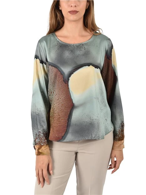 BLUSA STAMPATA CON SCOLLO A BARCHETTA DONNA CELESTE