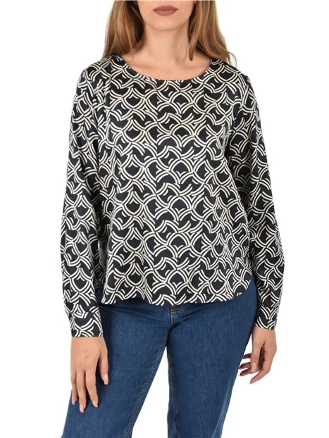 BLUSA STAMPATA CON SCOLLO A BARCHETTA DONNA BLU