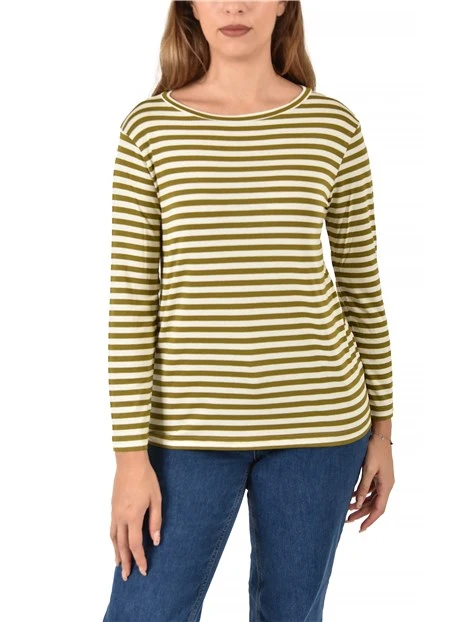 T-SHIRT IN JERSEY  MANICA LUNGA A RIGHE DONNA VERDE