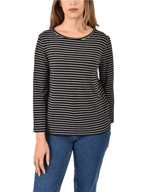 T-SHIRT IN JERSEY  MANICA LUNGA A RIGHE DONNA NERO