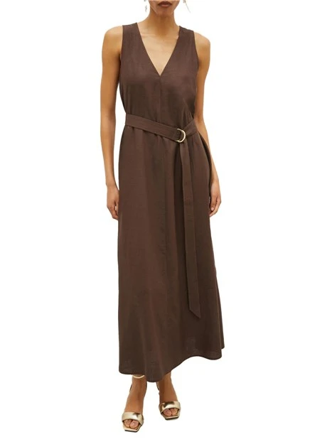 ABITO LUNGO SMANICATO IN TELA MISTO LINO DONNA MARRONE