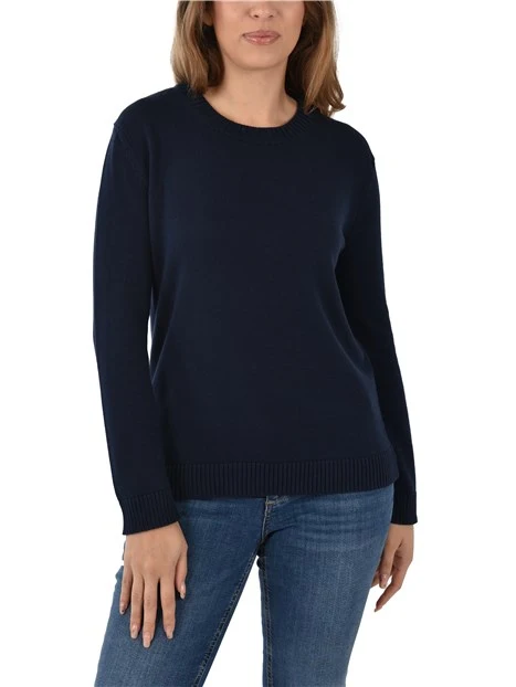 MAGLIA GIROCOLLO IN COTONE CON INTARSIO FLOREALE DONNA BLU