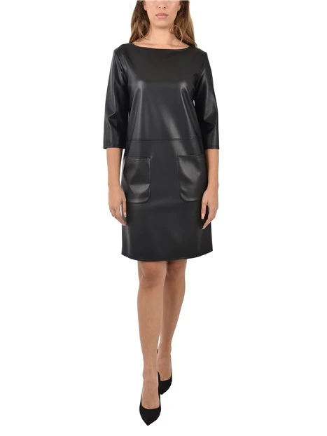VESTITO CORTO EFFETTO PELLE CON TASCHE DONNA NERO