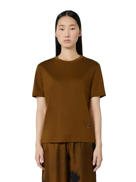 T-SHIRT MANICHE CORTE CON RICAMO FLOREALE DONNA CUOIO