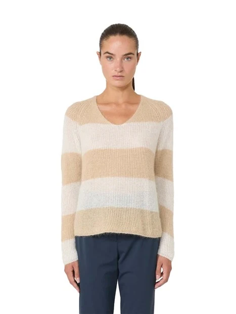 MAGLIA CON SCOLLO A V CON FANTASIA A RIGHE DONNA BEIGE