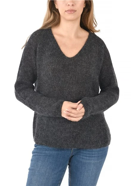 MAGLIA IN MISTO MOHAIR  CON SCOLLO A V DONNA GRIGIO