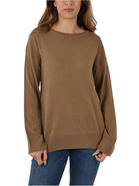 MAGLIA GIROCOLLO IN MISTO LANA E CASHMERE E BORDI A COSTE DONNA MARRONE
