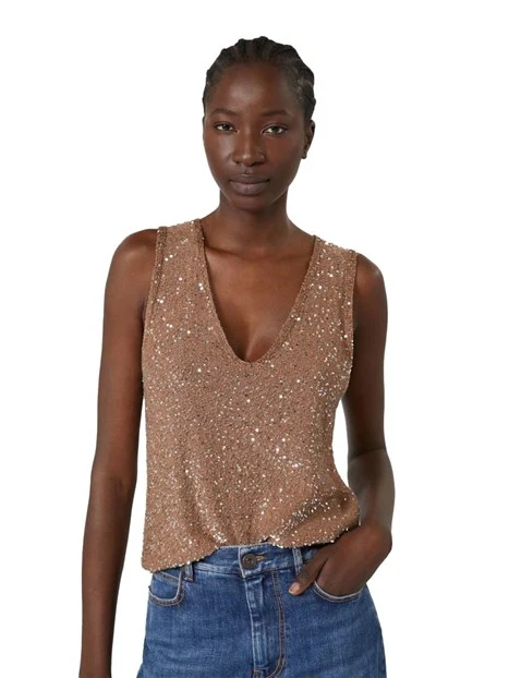 TOP IN MAGLIA CON PAILLETTES DONNA MARRONE