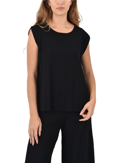 T-SHIRT MANICA CORTA  CON PIEGHE PLISSETTATA DONNA NERO