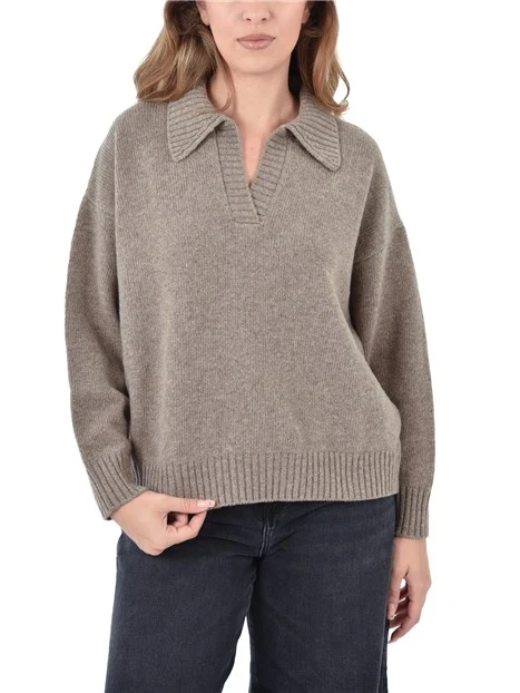 MAGLIA CON SCOLLO A V MODELLO POLO DONNA MARRONE