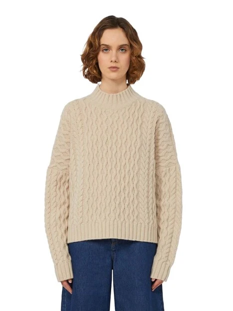 MAGLIA DOLCEVITA IN LANA CON LAVORAZIONE A TRECCE DONNA BEIGE
