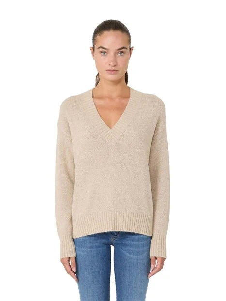MAGLIA SCOLLO A V CON BORDI RIFINITI A COSTE DONNA BEIGE